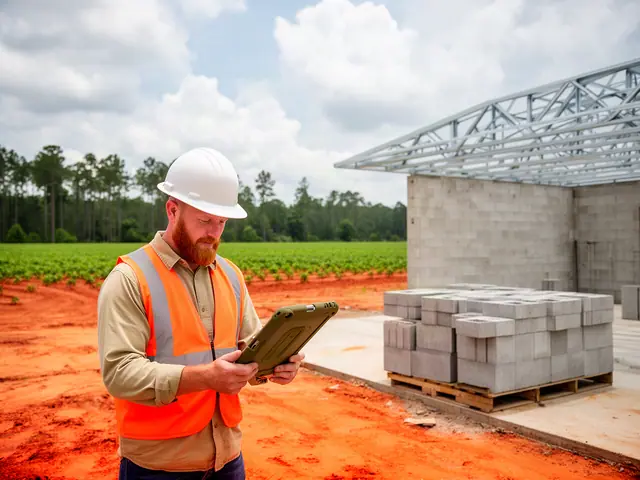 A bearded contractor in a white hard hat and orange safety vest checks a tablet at a block building site