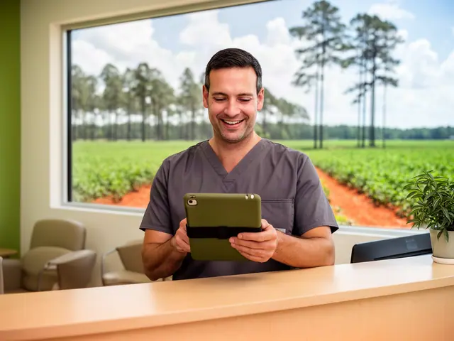 A smiling practice office manager in grey scrubs checks a tablet at a front desk overlooking green fields