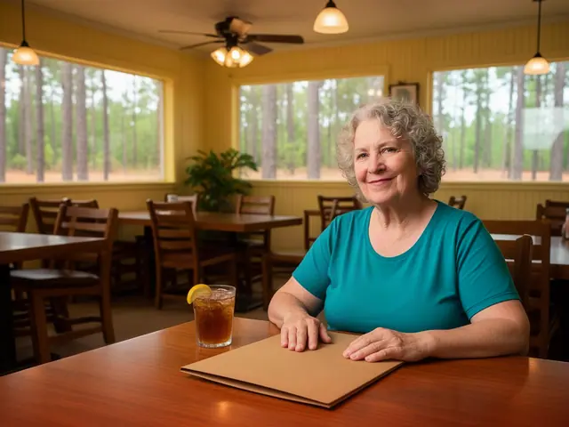 A smiling grey-haired restaurant owner sits at a wooden table with a kraft folder and a glass of iced tea