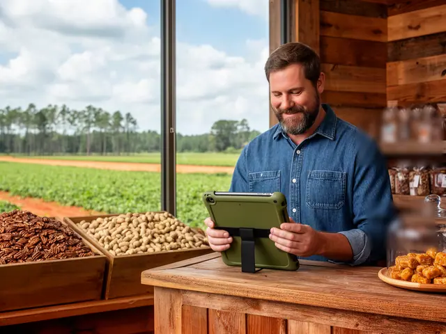 A bearded nut-shop owner in a denim shirt smiles at a tablet behind a pine counter with pecans and peanuts